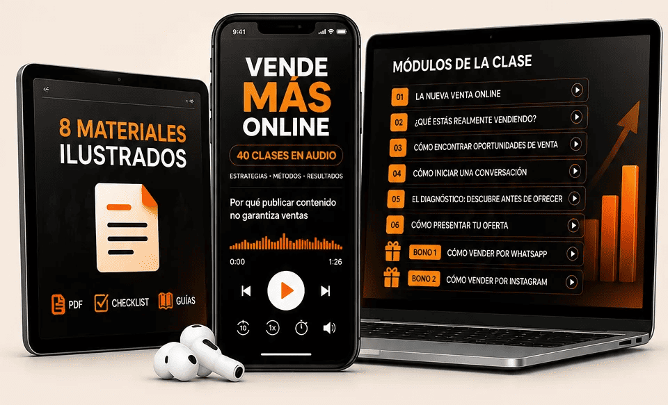 Vende Más Online en tablet, celular y computadora, con materiales ilustrados, clases en audio y módulos del entrenamiento